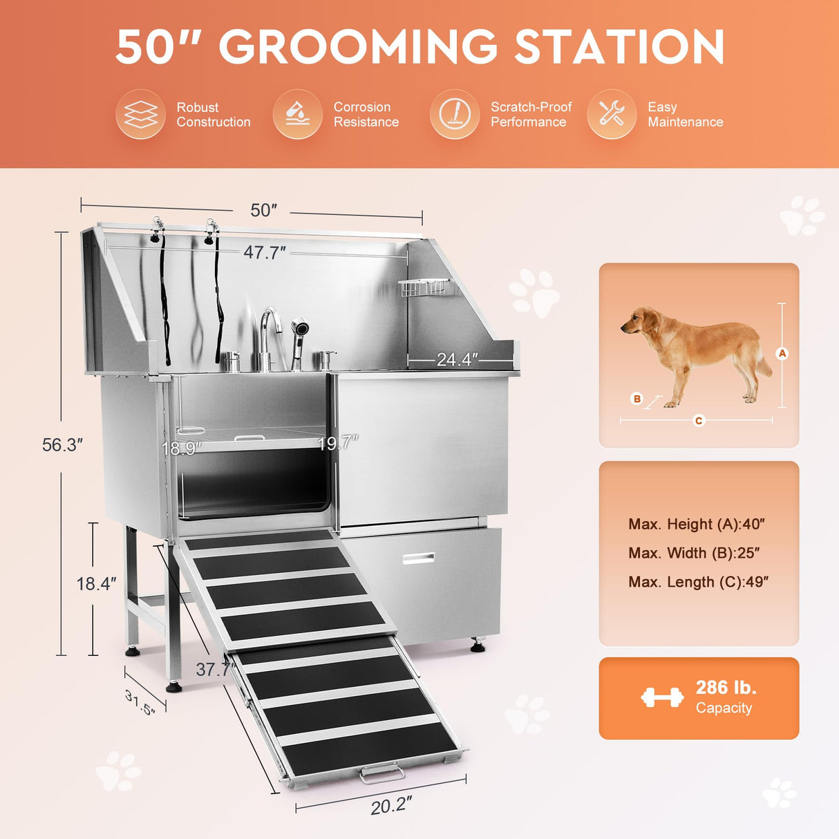 CO-Z Professional Dog Bathing Station, 50 in. Dog Grooming Tub with Nonskid Retractable Ramp for Large Dogs, Stainless Steel Dog Washing Station with Swivel Faucet Pull Out Showerhead Storage Drawer CO-Z