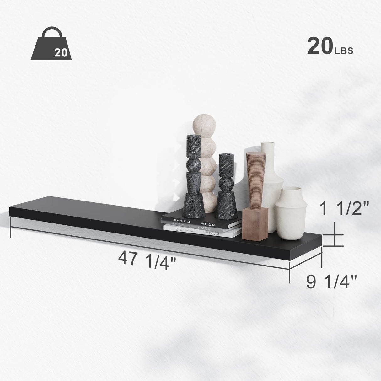 BAMEOS Floating Shelves, Black Wall Mounted Wooden Shelves with Invisible Brackets Set of 2,47 x 9 BAMEOS