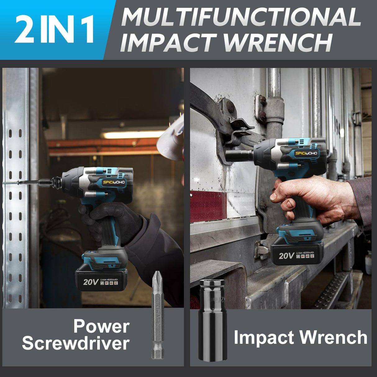 SPICIMOMO Cordless Impact Wrench 1/2 Inch for Car, 20V Brushless Power Impact Gun 600N.m(443Ft-lbs) with 2 Packs 4.0Ah Batteries, High Torque Electric Impact Driver for Mechanic, Mechanical Engineer SPICIMOMO