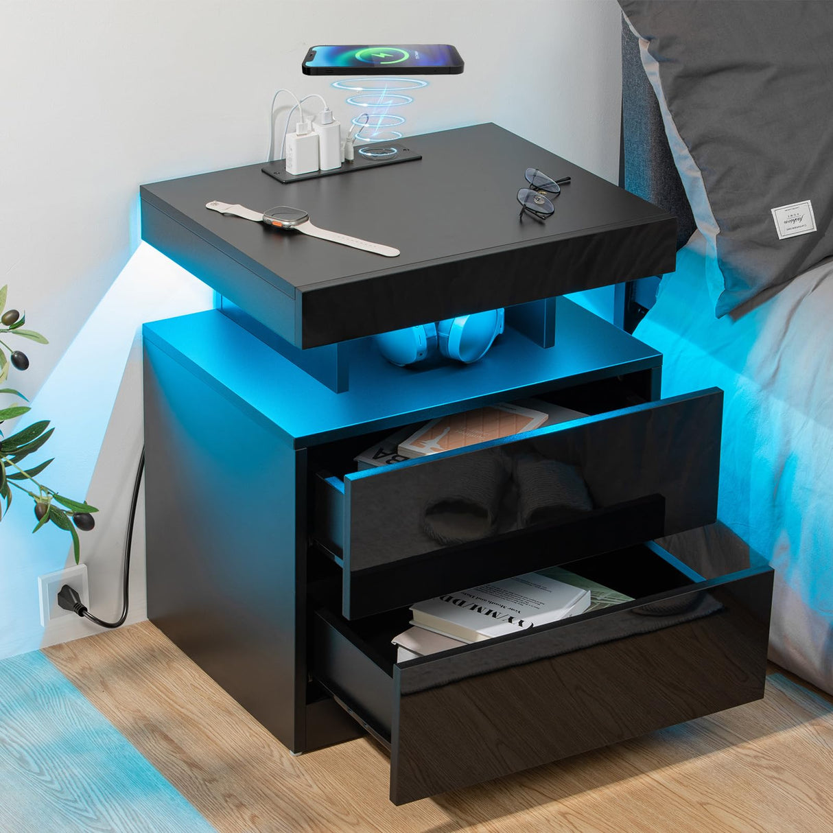 HOMMPA LED Nightstand with Wireless Charging Station & USB Ports High Gloss Bedside Table with LED Light RGB Adjustable Brightness Smart Nightstand 2 Drawers Night Stand for Bedroom Black HOMMPA