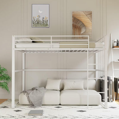 Suwopmvy Heavy Duty Metal Loft Bed Frame Twin Size with Safety Guard Rails & Built-in Ladder - Sturdy Space Saving Loft Bed for Kids, Teens, Adults, College Dorm, Studio Apartment (White, Twin)