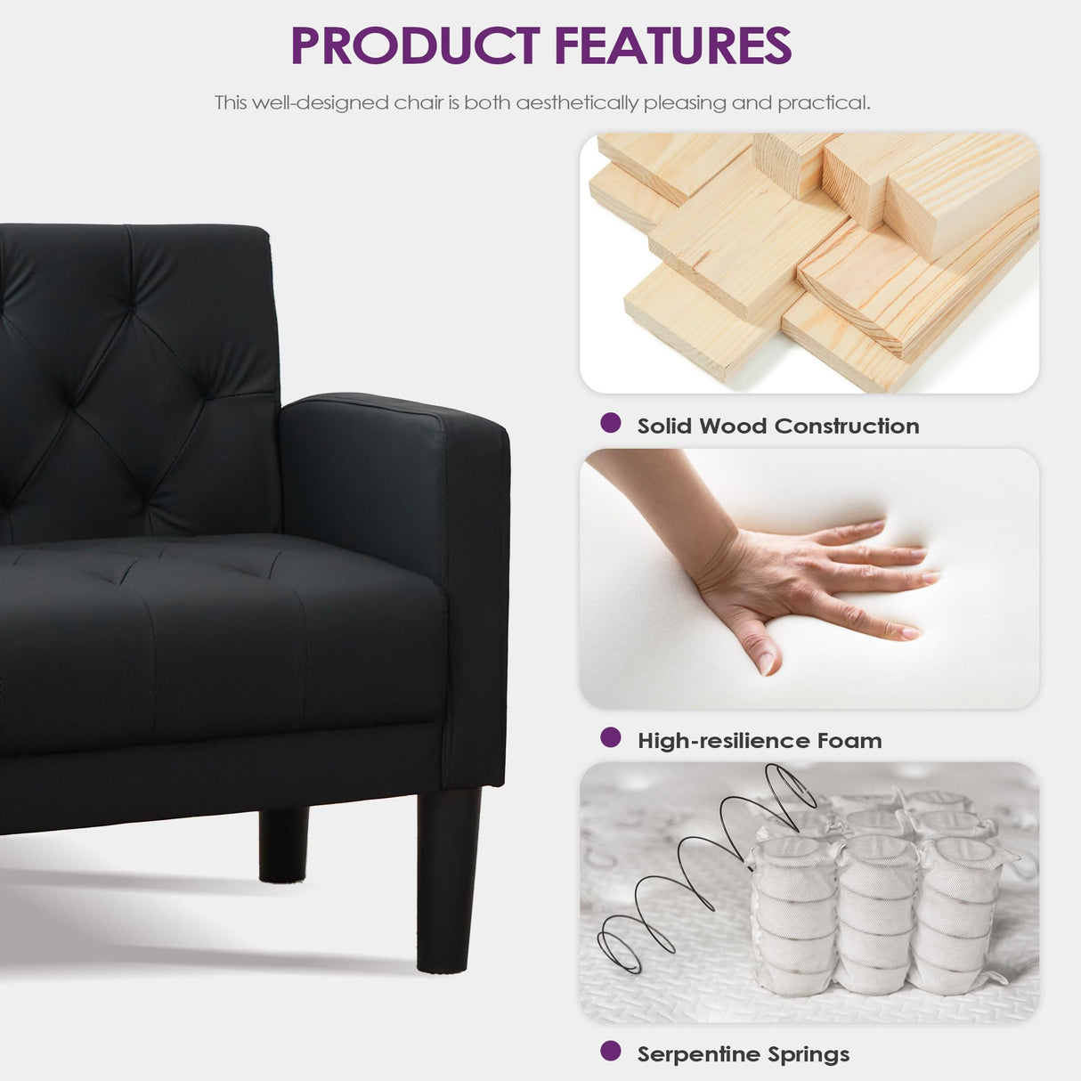 TYBOATLE Accent Chairs Set of 2 Comfy Living Room Chair Black Leather Tufted Mid Century Modern Accent Chair, Small Cozy Reading Arm Chair for Office, Bedroom (2, Black) TYBOATLE