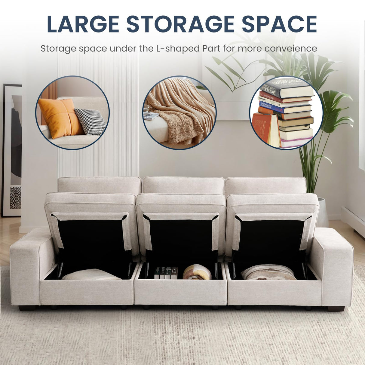 TEKAMON 100" Modular Sofa Couch with Seats Storage, Comfy 3-Seater Chenille Fabric Couch for Living Room, Office, Apart W/Deep Seat, Wide Arms, Side Pockets, USB, Upholstered Couch W/Removable Cover TEKAMON