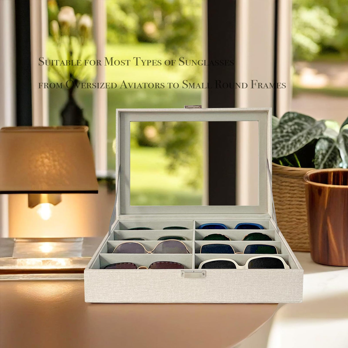 UnionPlus 8-Slots Sunglasses Case Organizer, Eyeglass Glasses Display Holder Collector, Multiple Sunglasses Storage Case, Beige Liner Faux Leather UnionPlus