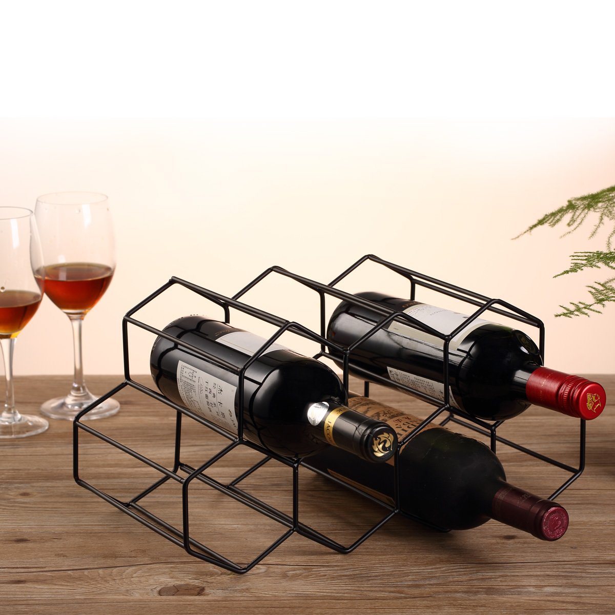 Buruis 9-Bottle Countertop Wine Rack, Honeycomb Standing Metal Wine Holder, Organizer, Red & White Wines Rack, Home Kitchen Bar Essentials (Black) Buruis