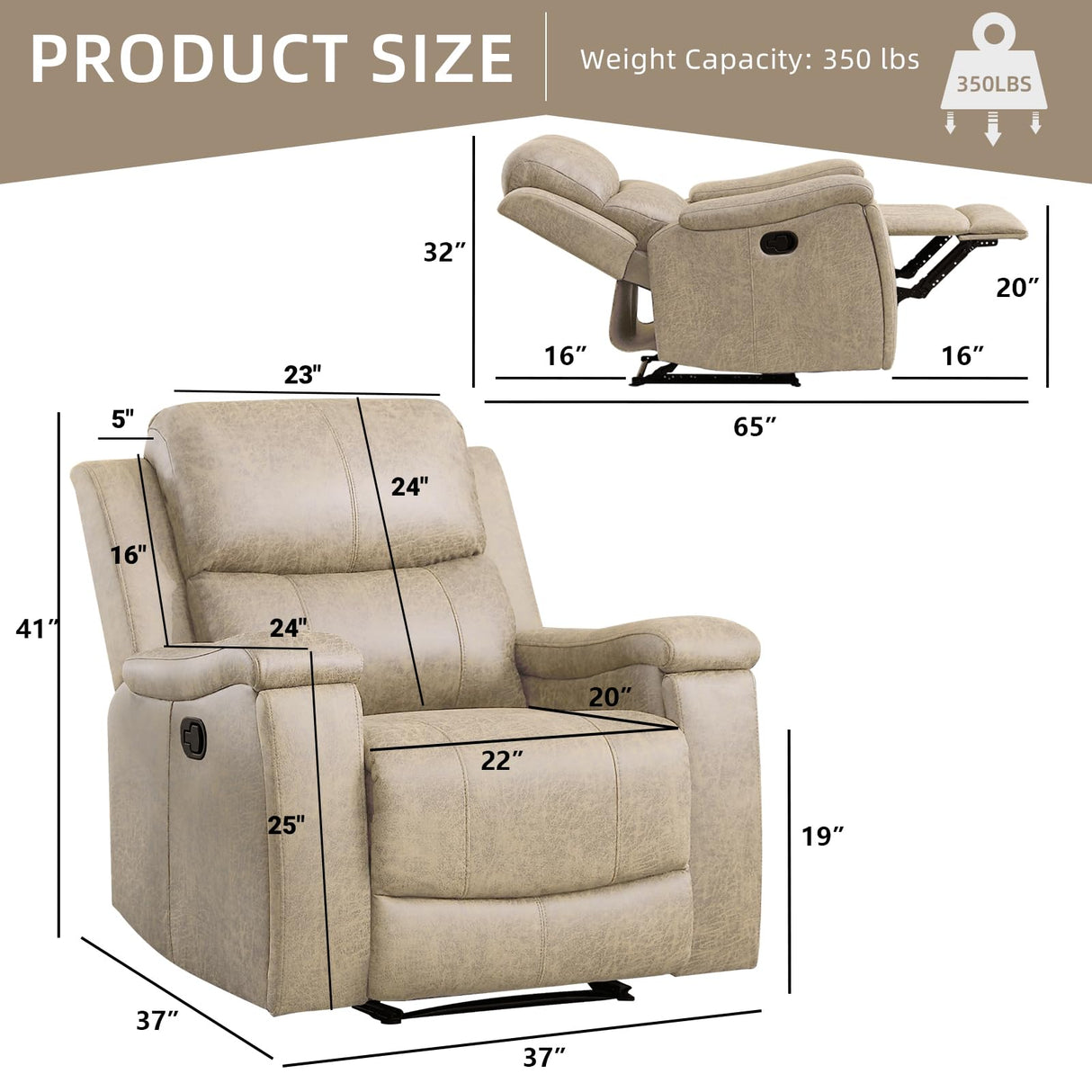 IOMOR Leather Recliner Chair, Manual Recliner Chair for Adults with Overstuffed Arms and Back, Single Sofa Recliner with Cup Holders for Living Room (1, Beige) IOMOR
