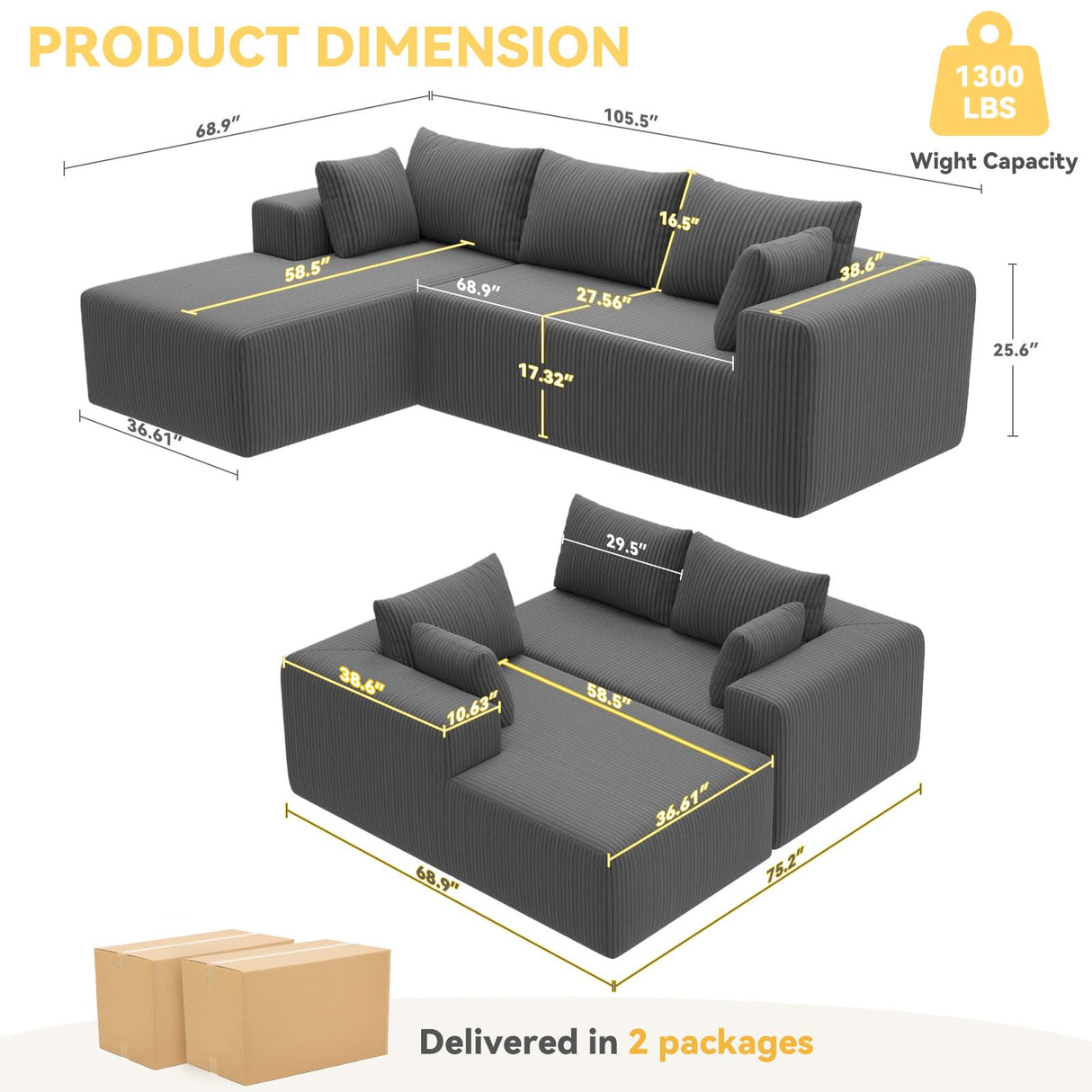 Mvpipi L-Shaped Boneless Couches for Living Room, Cloud Couch with Oversized Chaise, Modular Sectional Sofa w/Deep Seat, Corduroy Comfy Sofa, Couches for Bedroom & Apartment, No Assembly, Grey Mvpipi
