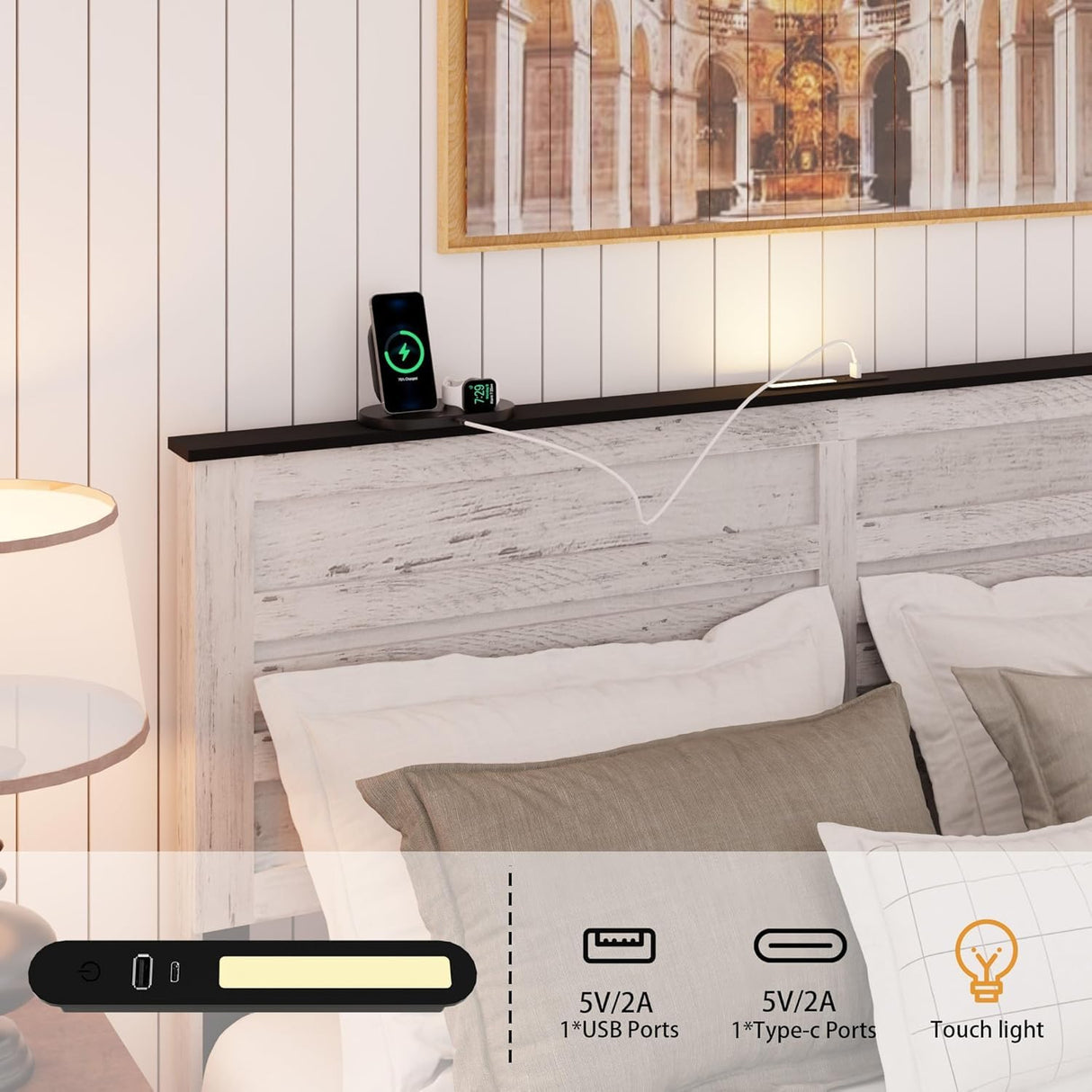 Queen Bed Frame with Storage Headboard, Metal Platform Bed Frame with 3 Storage Compartments, Built-in Charging Station and LED Lights, No Box Spring Required, Noiseless, Easy Assembly,Antique White QNICE