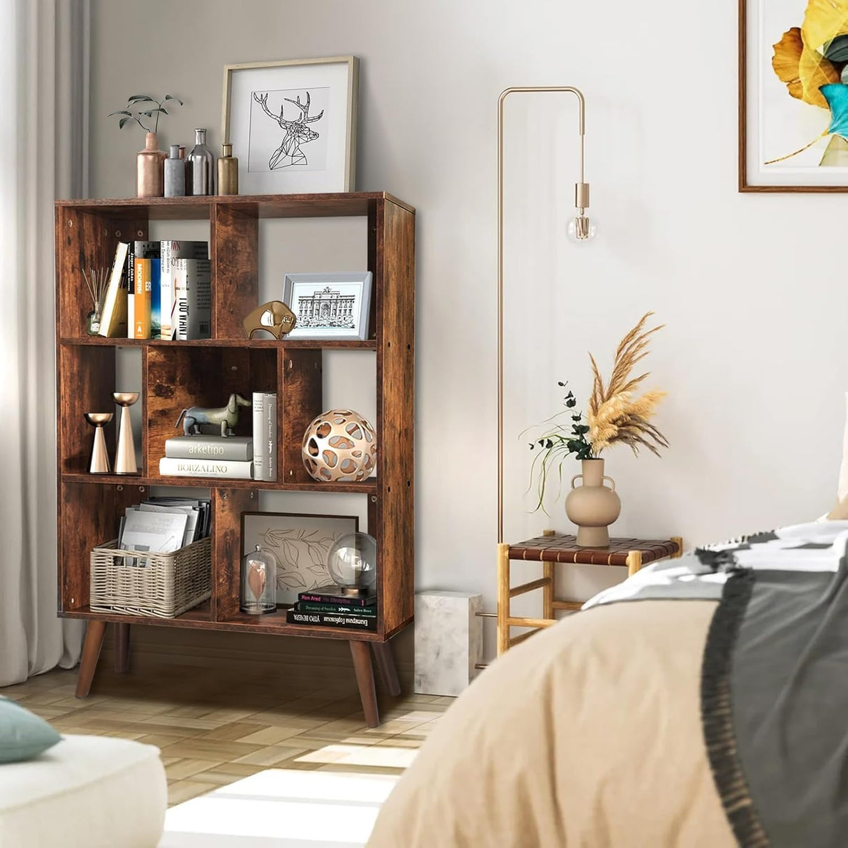 Mid Century Modern Bookshelf – 7 Cube Retro Bookcase, 3 Tier Open Shelf Mid Century Book Shelf, Walnut Dark Wood Rustic Bookshelves for Living Room Bedroom, Sturdy Wooden Bookcase TooCust