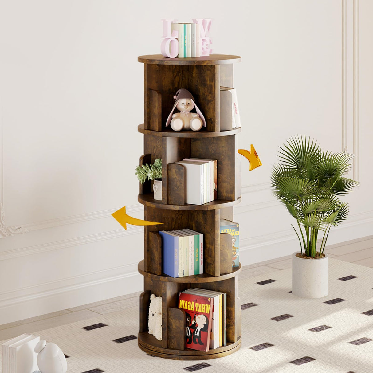 oneinmil Rotating Bookshelf, 360° Rotating Bookcase for Small Space, Corner Bookcase for Bedroom, Living Room, Study Room, 4 Tier, Brown oneinmil