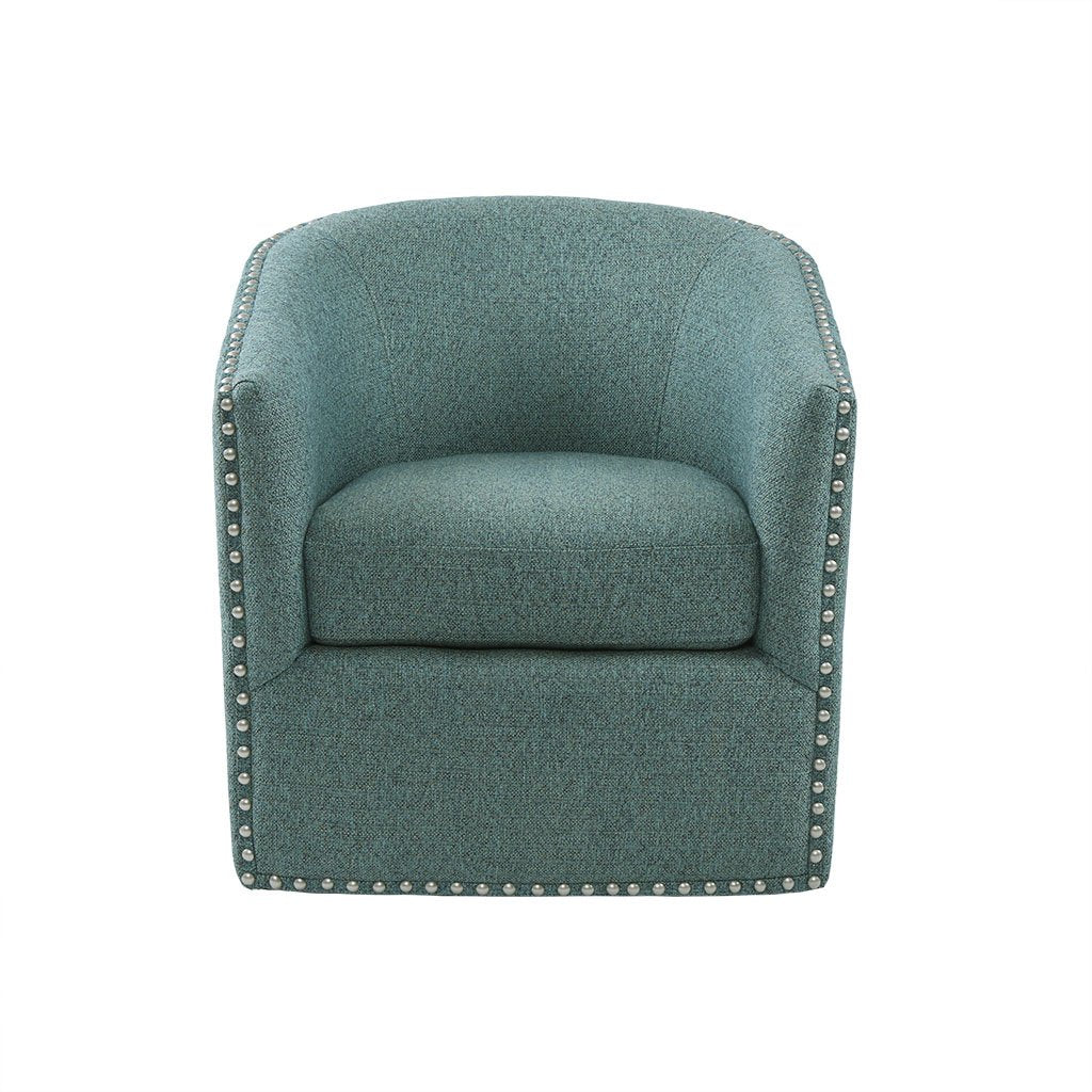 Madison Park Swivel Barrel Accent Chair, Upholstered Curved Back with 7-Inch Thick Woven Cushion, 360° Swivel, Nailhead Trim, Comfy Chair for Living Room, Bedroom, Office, 28" Wide, Teal, Tyler Madison Park