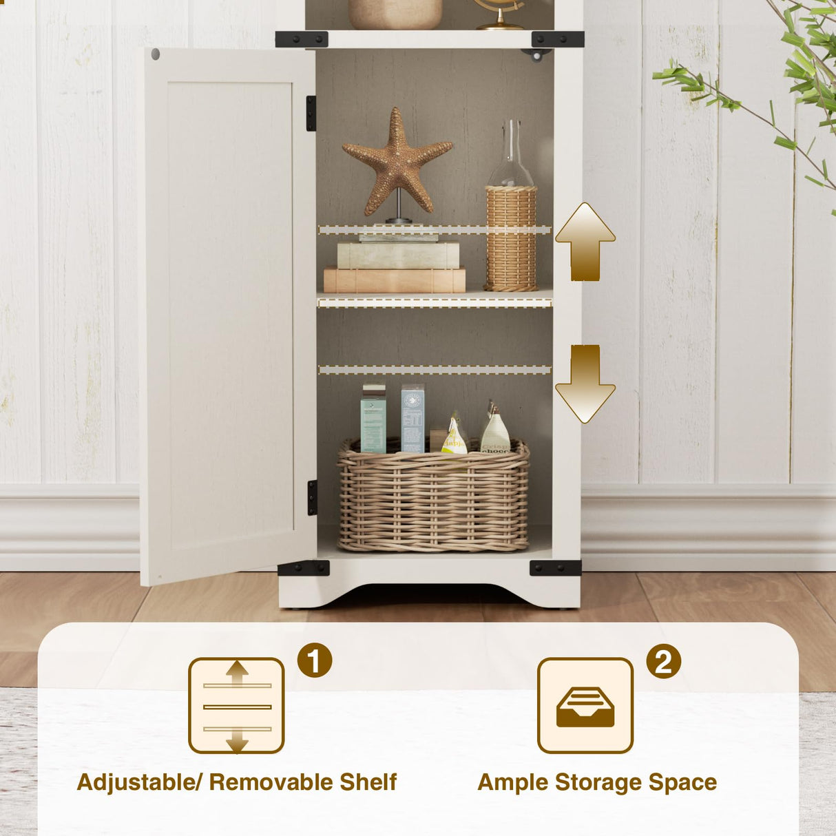 Vabches 5 Tier Bookcase with Doors Set of 2, 67” Tall Farmhouse Bookshelf with Storage Cabinet, Adjustable Shelves & Barn Door, Narrow Wooden Book Shelf for Living Room, Office, Antique White Vabches