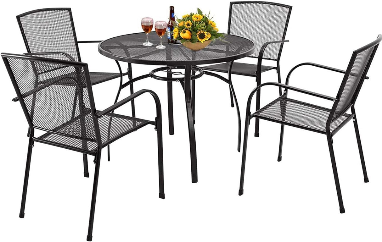 AECOJOY Metal Patio Table and Chairs Set for 4, Outdoor Dining Sets Patio Dining Table Furniture Set Round Outside Table and Chairs for Garden Backyard with 1.73" Umbrella Hole AECOJOY