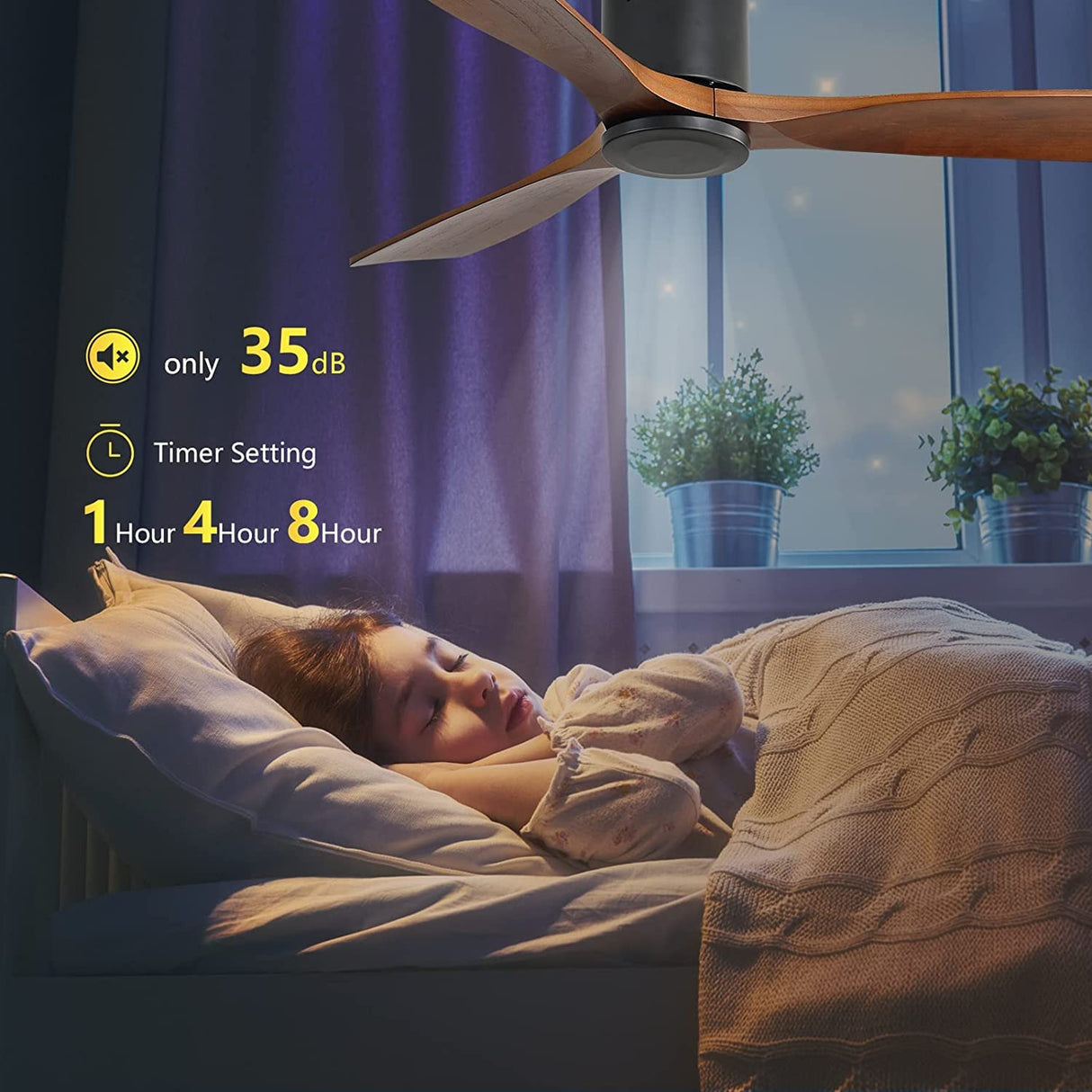 CACI Mall 52 Inch Ceiling Fan with Remote Control, Low Profile Flush Mount Ceiling Fan without Light, 3 Walnut Wood Ceiling Fan No Light, Noiseless Reversible ETL DC Motor with Timer CACI Mall