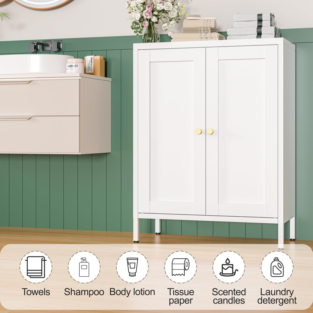 YAUWOH Metal Bathroom Storage Cabinet, Metal Storage Cabinet with 2 Adjustable Shelves & 2 Doors,Freestanding Sideboard Cabinet for Small Spaces, Living Room, Home Office, Dining Room,White YAUWOH