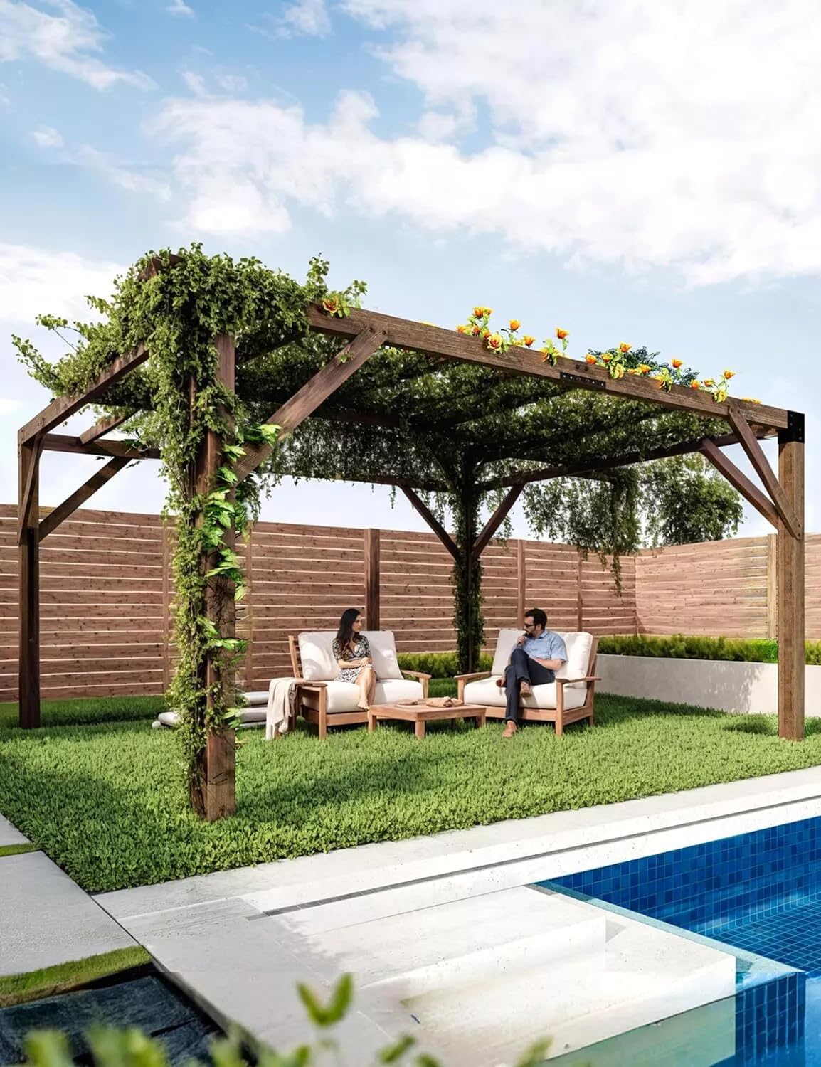 12'X 14' Cedar Wood Pergola, Wood Patio Pergola with Retractable Shade Canopy, Rot Resistant, Durable, for Backyard, Garden, Deck, Outdoor Entertaining Amenitlif