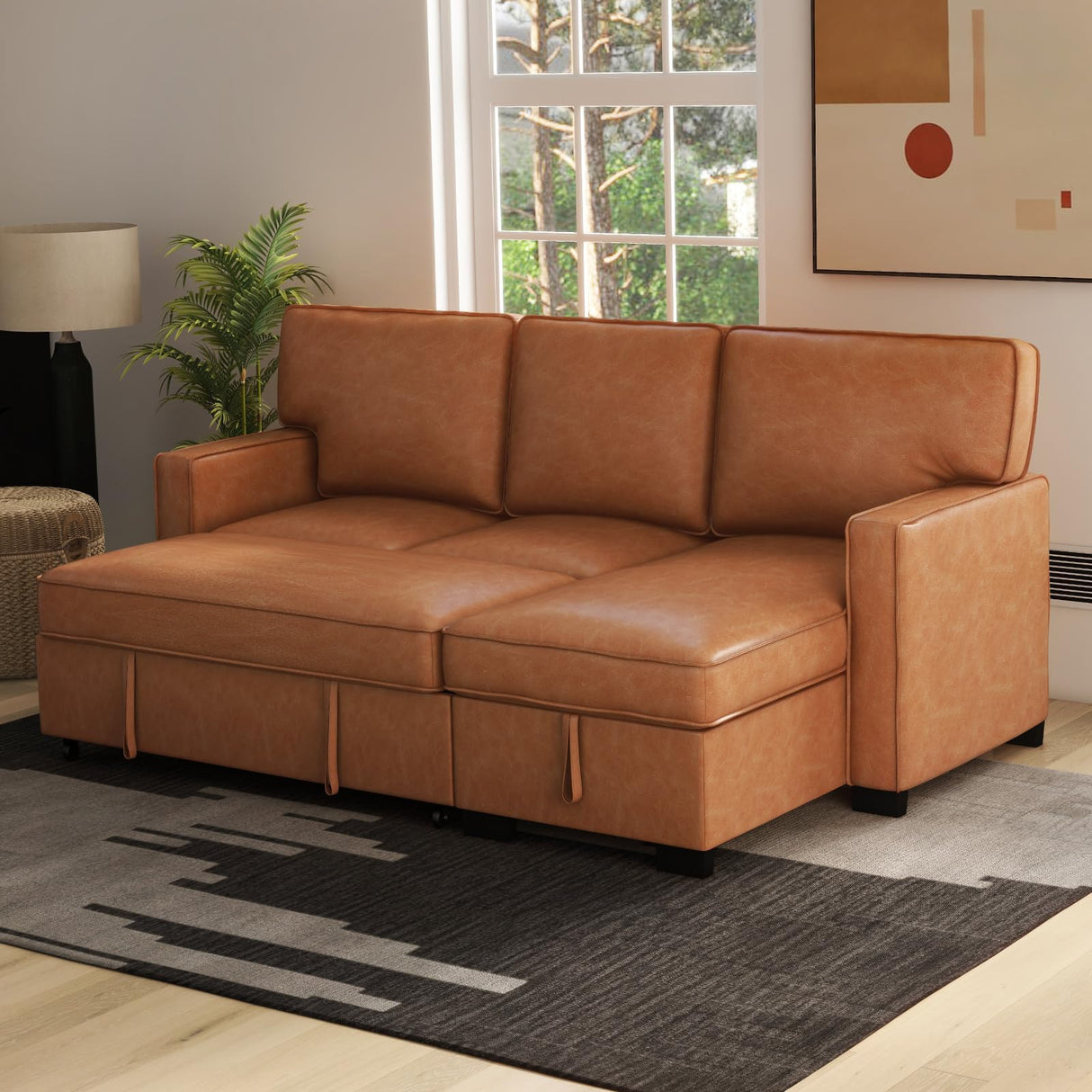 EBELLO Convertible Sleeper Sofa 3 in 1, Faux Leather Modern L-Shaped Couches for Living Room, Pull Out Sectional Futon Sofa Bed with Storage Space, USB Ports and Cup Holders for Bedroom, Brown EBELLO