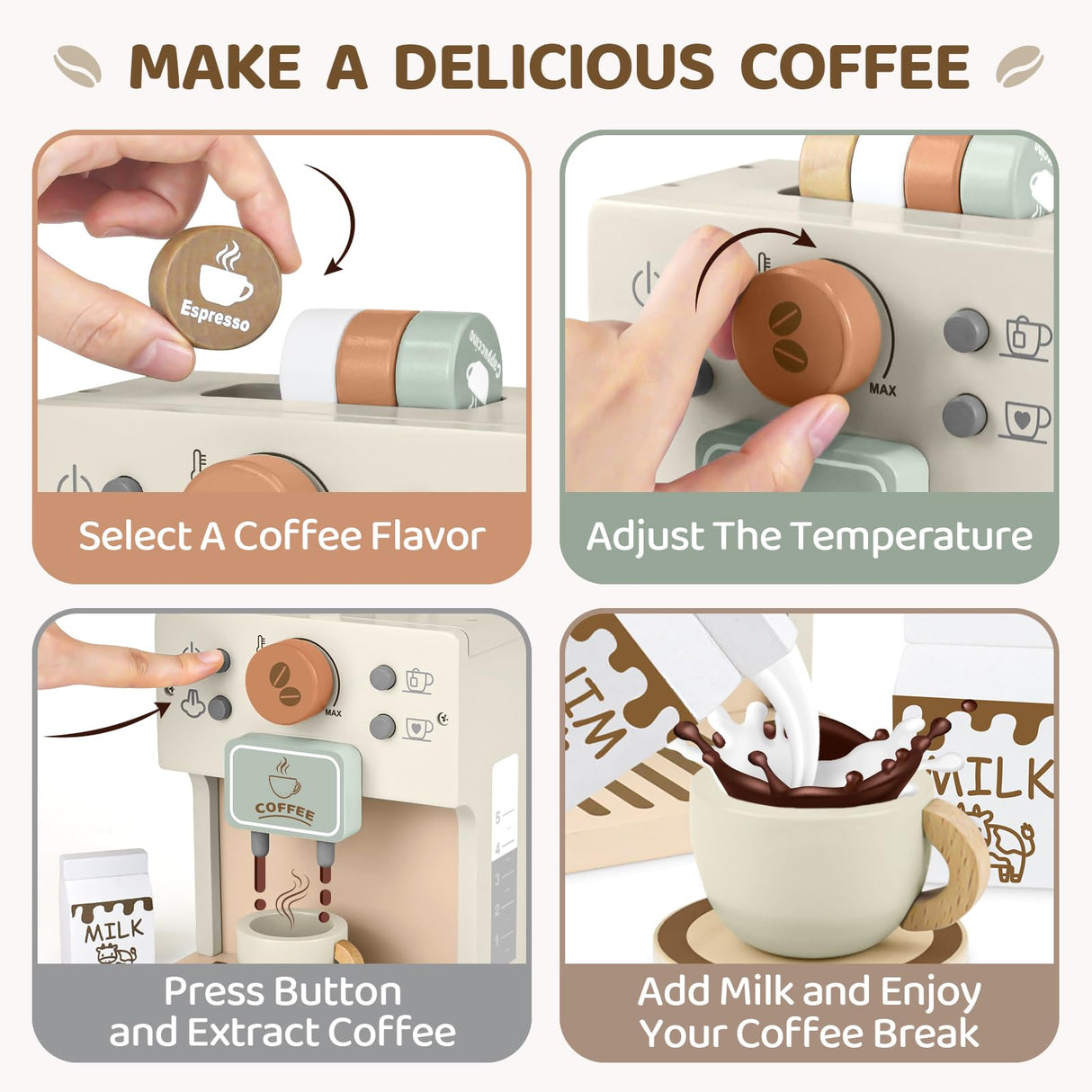 Airlab Toy Coffee Maker for Kids Wooden Kitchen Accessories Pretend Play Toddler Coffee Playset for Girls Boys Ages 3 4 5 Years Birthday Gifts Airlab
