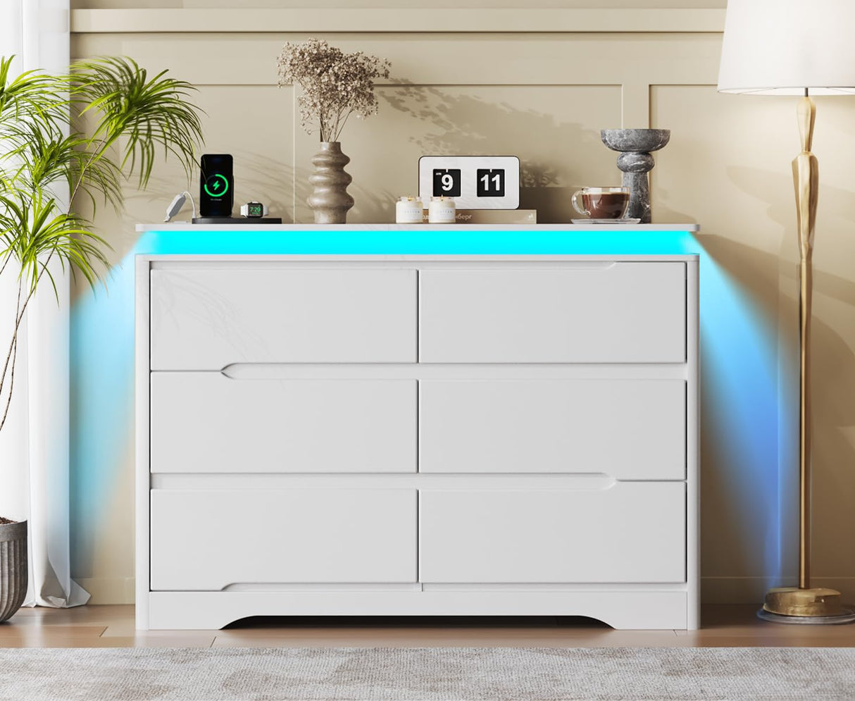Fameill White Dresser for Bedroom, 6 Drawer Dresser with LED Lights, Modern Dresser Organizer with Charging Station, Double Wide Chest of Drawers for Living Room, Entryway Fameill