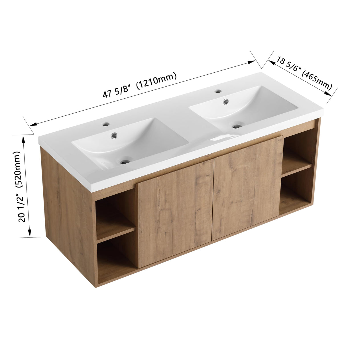 SSLine 48-Inch Double Sink Vanity Modern Wall Mounted Bathroom Vanity with Double Resin Sink 48" Large Floating Bathroom Vanities Set with Side Open Shelves & Cabinet (Brown) SSLine