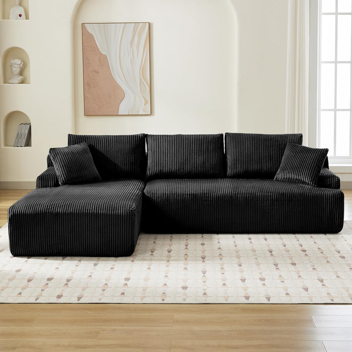 Cloud Couch with L-Shape Chaise 106 in Modern Sectional Modular Sofa with Deep Seat Corduroy Upholstered Boneless Couches for Living Room No Assembly Required Black GarveeLife