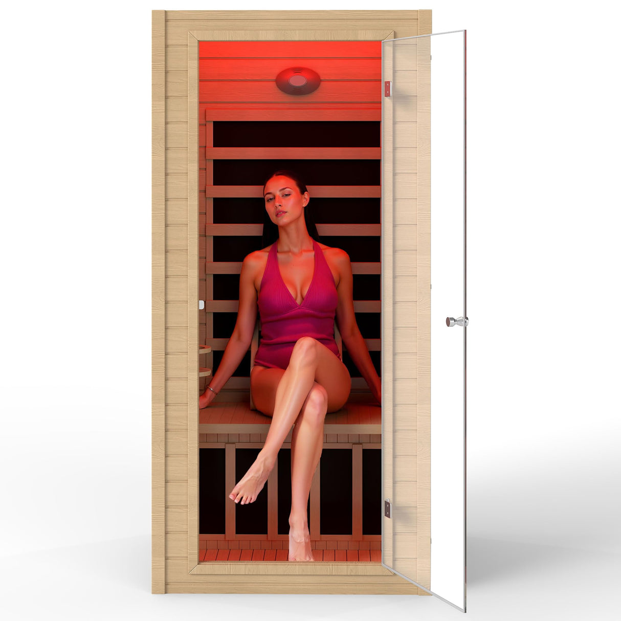 springspa Far Infrared Sauna 1 Person Indoor Sauna Spa Room, Canadian Hemlock Wooden Infrared Saunas for Home with Low Emf Lighting, Bluetooth Speakers, LCD Control Panel, 9 Chromotherapy springspa