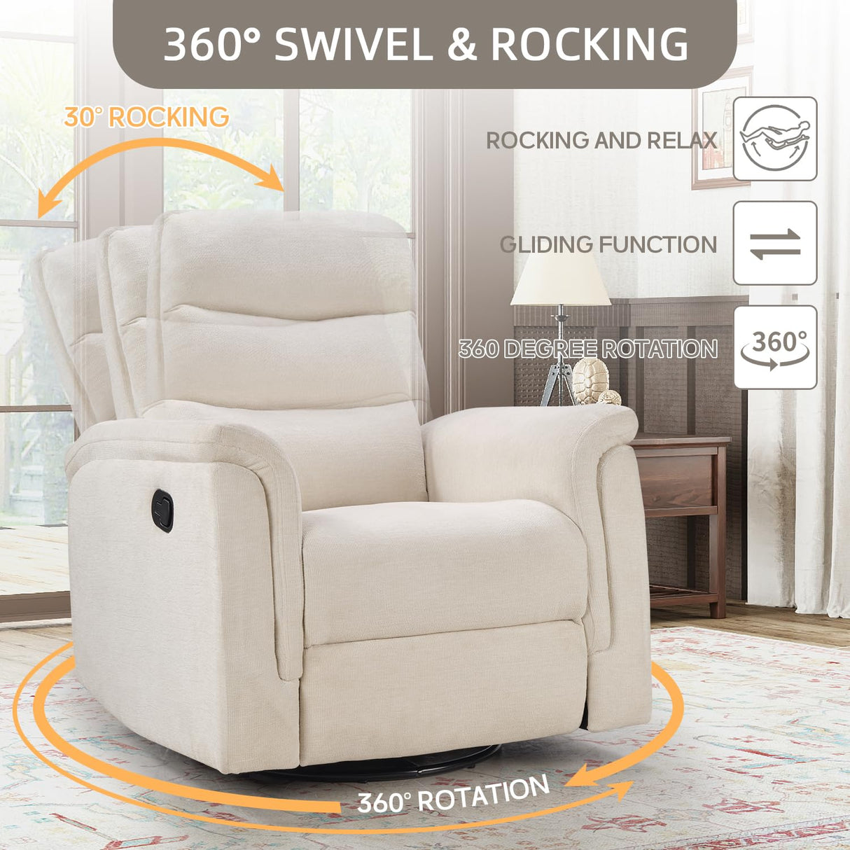 INZOY Swivel Rocker Recliner, Nursery Glider Chair, Manual Chairs Swivel Glider Recliners with Soft Backrest, Fabric Manual Reclining Sofa for Living Room Bedroom Apartment, Beige INZOY