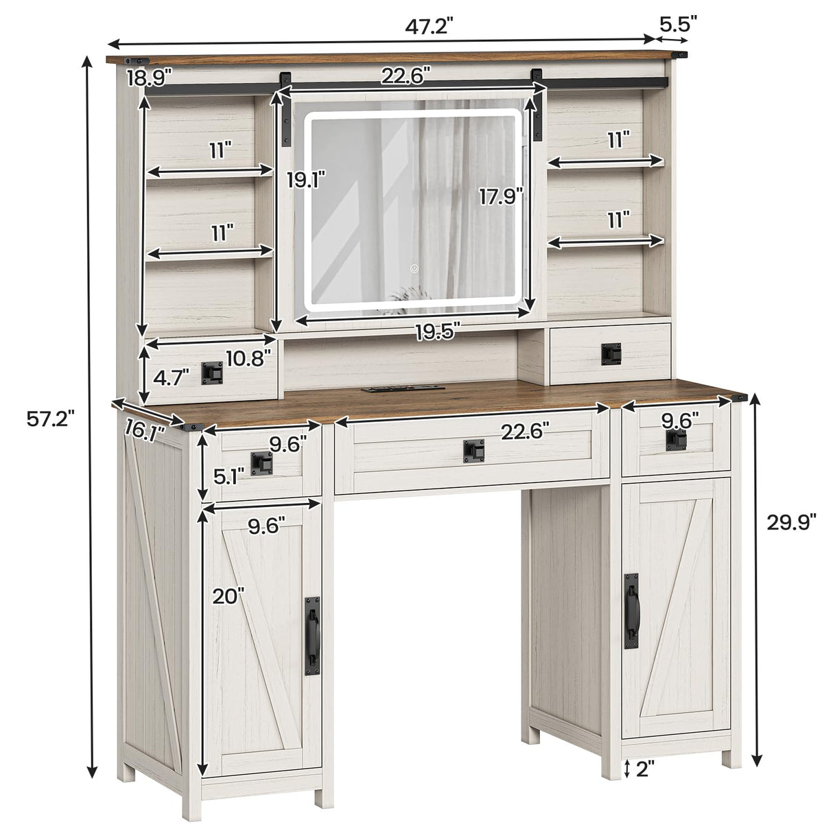 AOGLALTI Farmhouse Vanity Desk with Mirror and Lights, Makeup Vanity with Lights & Charging Station, Large White Vanity Table with Ample Storage Space and Sliding Mirror (White) AOGLLATI
