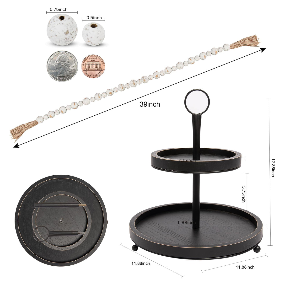 GENMOUS Black Farmhouse Tiered Tray Decor with Distressed Wood Bead Garlands, Wooden Tiered Tray Stand for Seasonal Display, Decorative 2 Tiered Serving Tray with Metal Handle for Rustic Home Décor GENMOUS & CO.