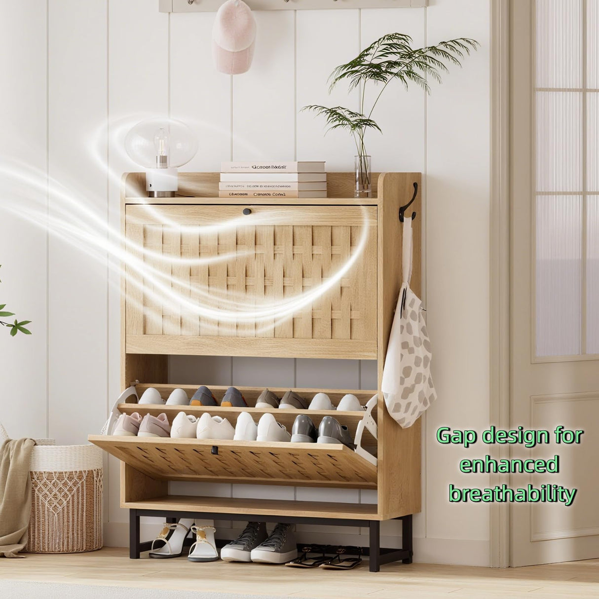 Aingli Shoe Cabinet Shoes Storage Cabinet Narrow Shoe Rack Cabinet Breathable MDF Shoe Cabinet Freestanding Organizer with 2 Flip Drawers Metal Legs for Entryway Aingli