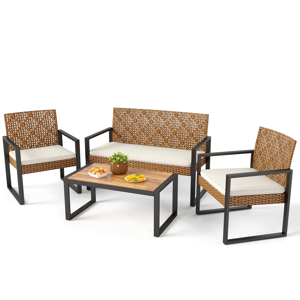 PHI VILLA Wicker Patio Furniture Set for 4, Rattan Loveseat & Chairs with Beige Cushions & Acacia Wood Coffee Table, Outdoor Modern Sectional Conversation Sofa Set for Deck, Yard, Porch PHI VILLA