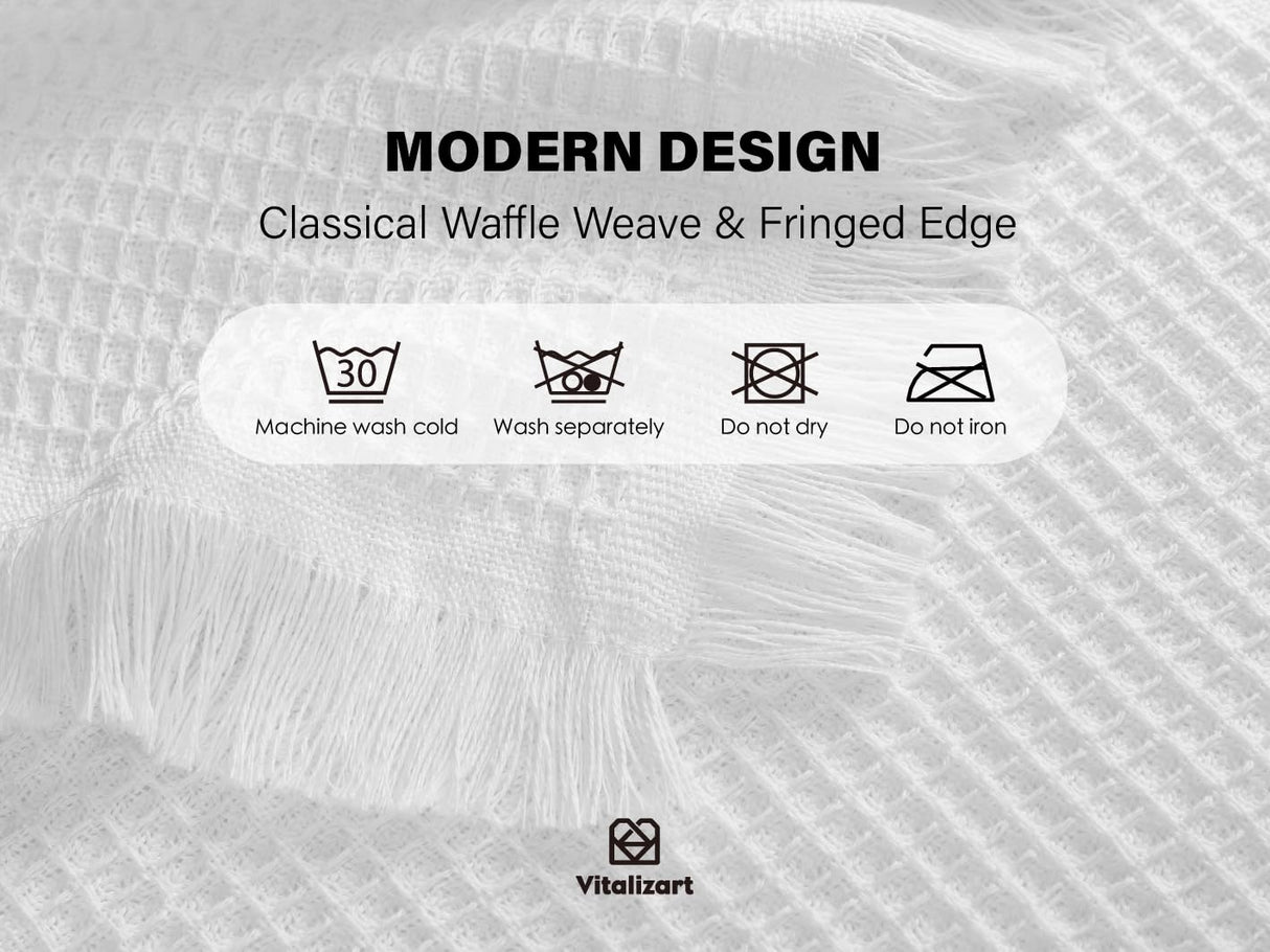 Vitalizart White Table Runner 14"x72" Waffle Weave Boho Rustic Fringe Cotton Farmhouse Table Cloth for Home Decor Coffee Table Bedroom Kitchen Dining Bridal Wedding Baby Shower Decoration Vitalizart