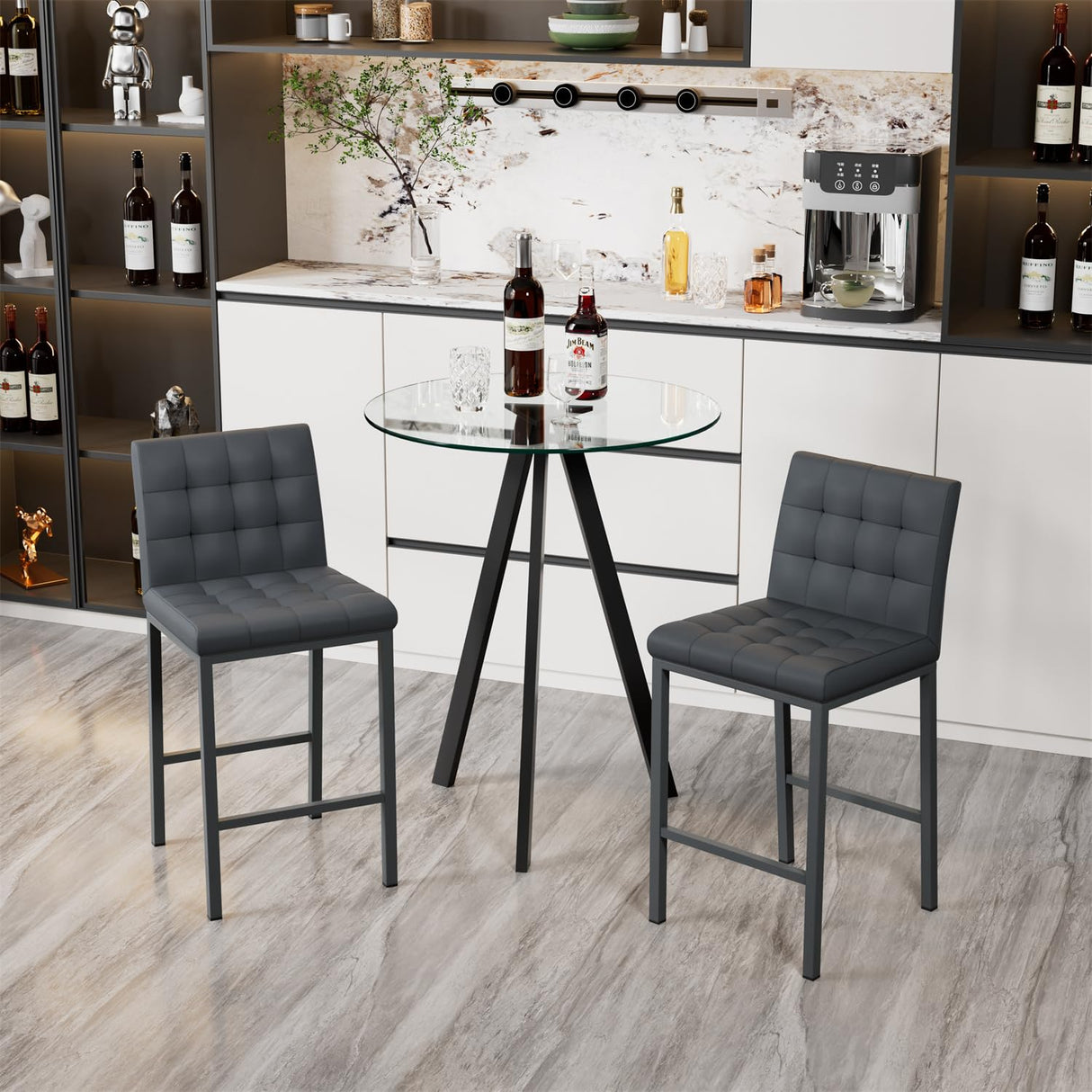 SIZOTA Round Bar Table, 37.4" High Pub Table, 31" Small Cocktail Table with Metal Base & Glass Top, for Small Spaces, Bistro Pub, Cafe(Black) SIZOTA