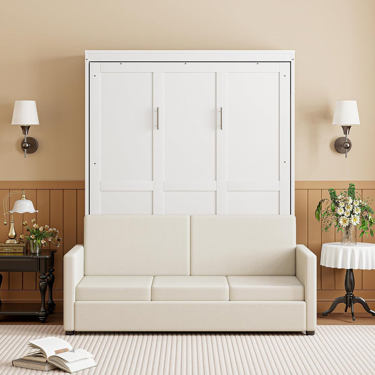 Virubi Full Murphy Bed with Couch,Wood Folding Murphy Wall Bed Cabinet with Sofa (White,Full) Virubi