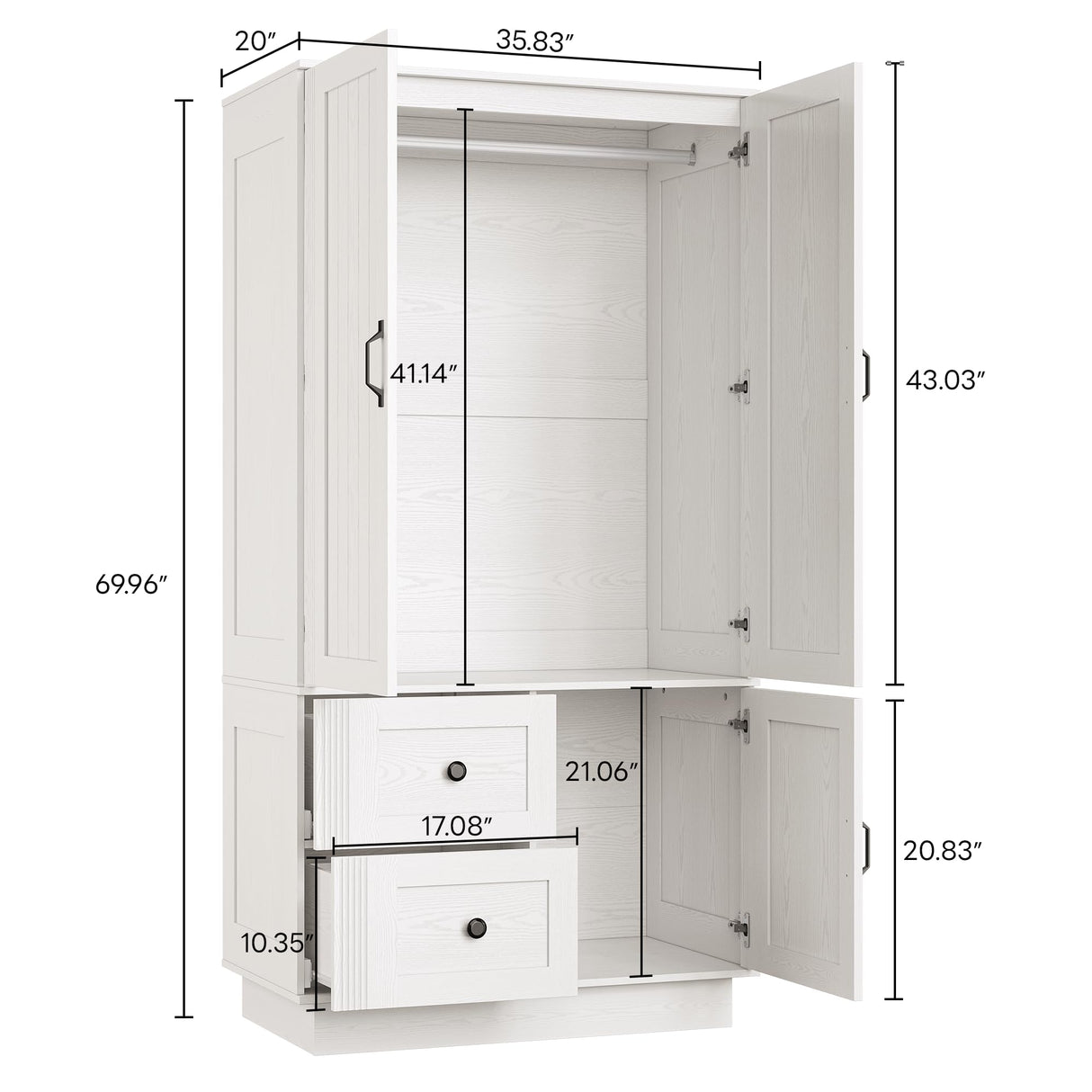 LIKIMIO Farmhouse Wardrobe Closet with Doors, 70" Bedroom Armoires with LED Lights and Hanging Rod, Wooden Large Wardrobe Cabinet with 2 Drawers and 1 Cabinet, Classic White LIKIMIO