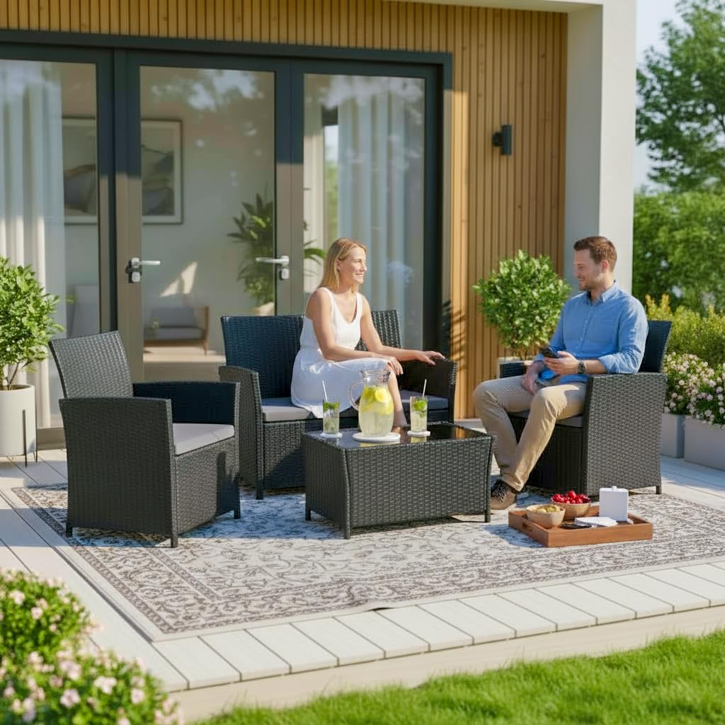 FHFO 4 Piece Outdoor Patio Furniture Sets, Outside Furniture Outdoor Sectional Wicker Conversation Sofa Set, Rattan Couch Set for Balcony Porch Backyard (Black-Grey) FHFO