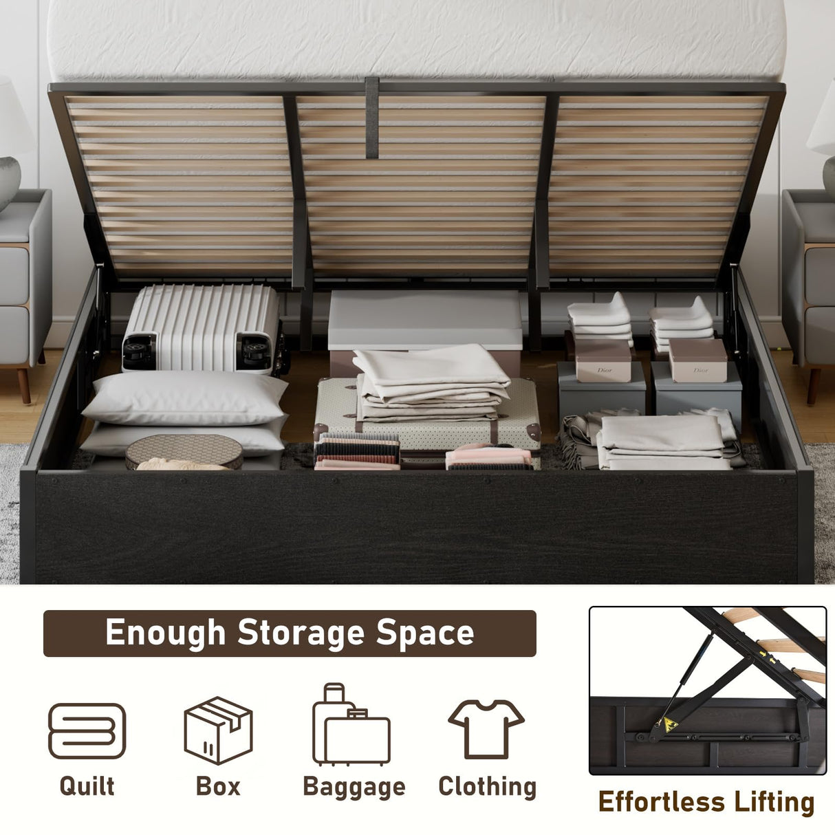YUMPIE Lift Up Storage Bed Frame, King Size Wooden Platform Bed with Large Storage Underneath, No Box Spring Needed, Noise Free, Black YUMPIE