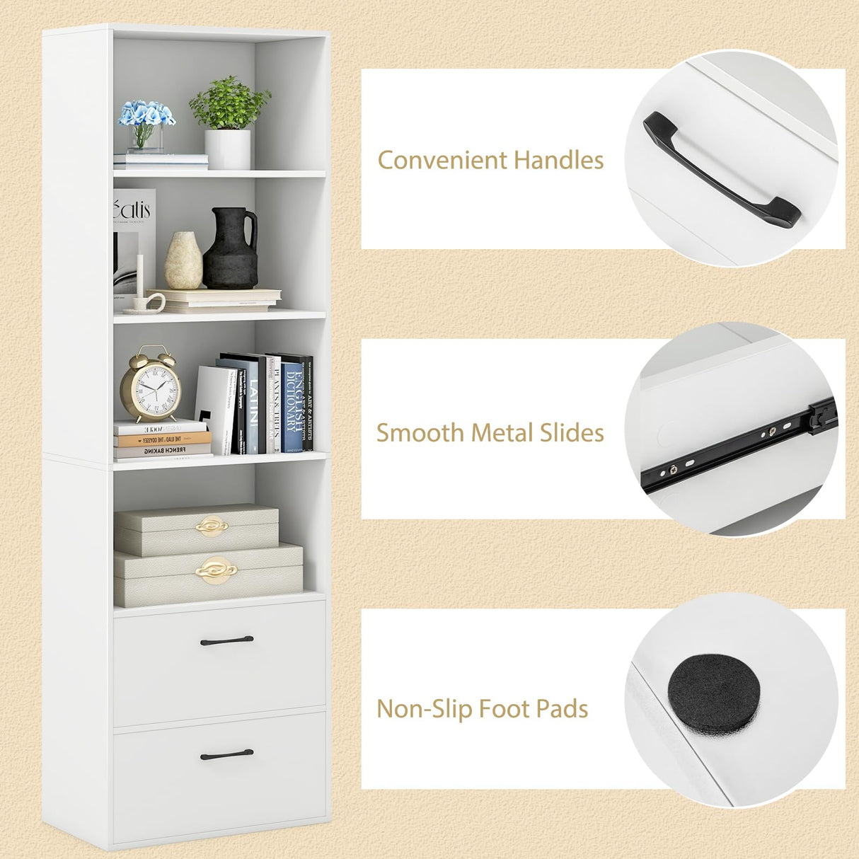 IFANNY 4 Shelf Bookcase with Drawers, Tall Bookshelves and Bookcases, Vertical Bookshelf Tower, Wood Storage Shelves, Modern Book Shelf for Bedroom, Living Room, Home Office (White, 74''H) IFANNY