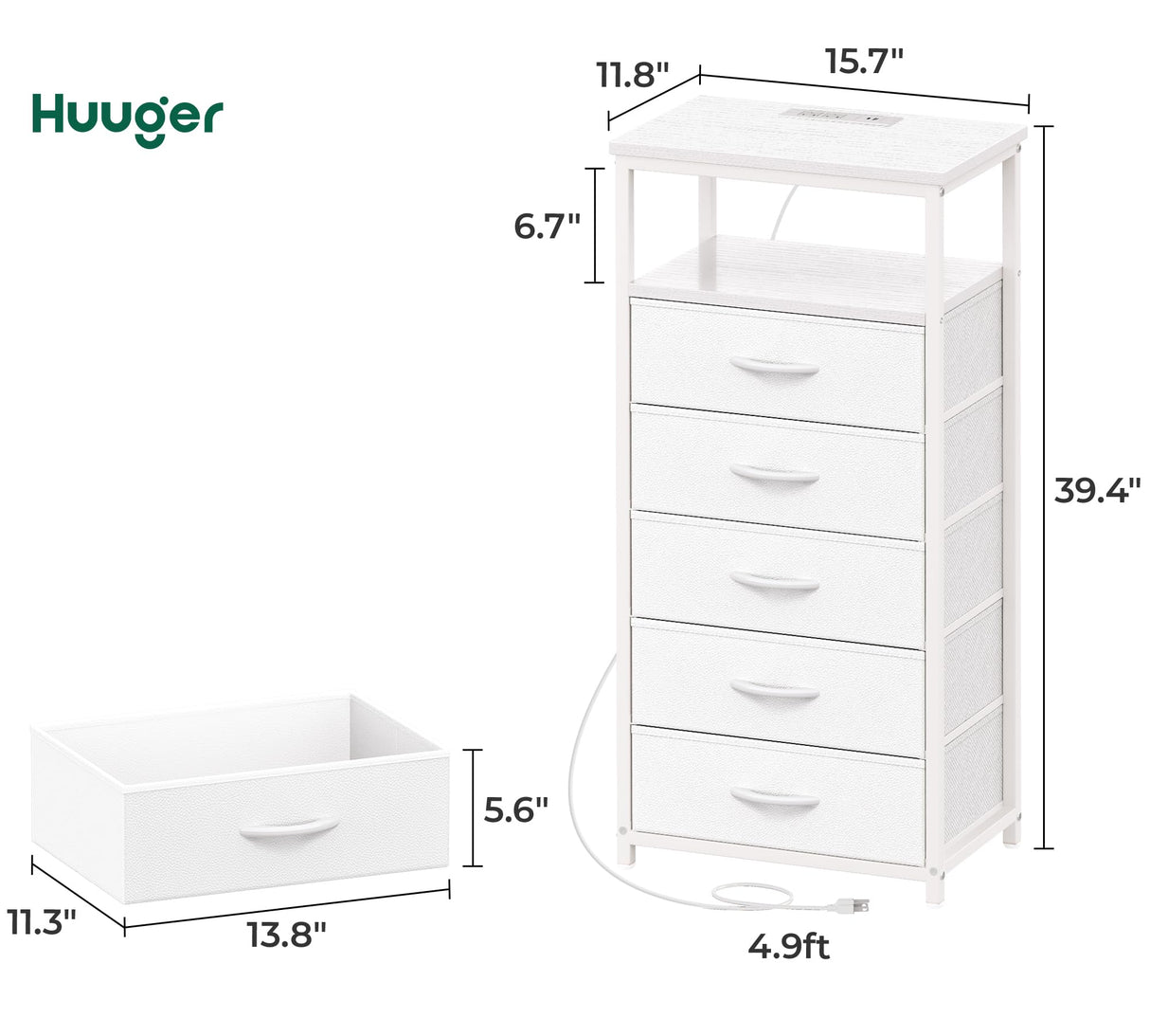 Huuger White Dresser with 5 Drawers & Charging Station, Tall Dresser for Bedroom, Tall Night Stand with PU Leather Finish, Open Shelf, Nightstand for Bedroom, Closet, Hallway, Entryway Huuger