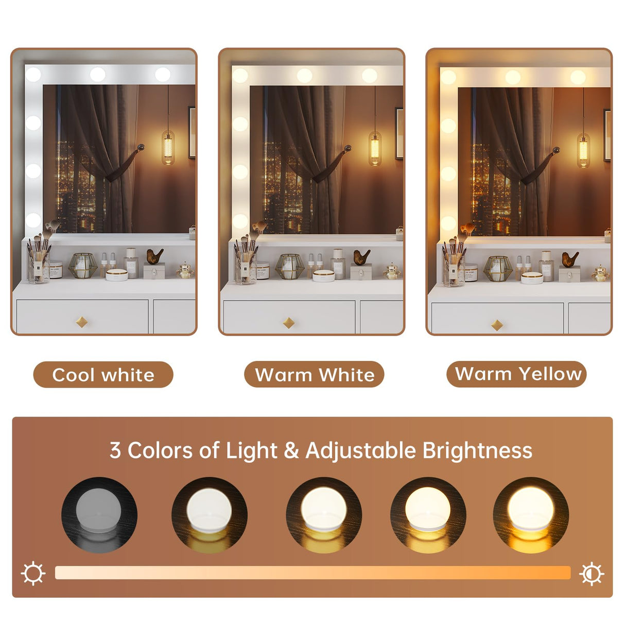 Tiptiper Makeup Vanity Desk with Mirror and Lights & Charging Station, White Vanity Table with 5 Storage Drawer & Glass Door & 3 Shelves for Bedroom, Modern White Tiptiper