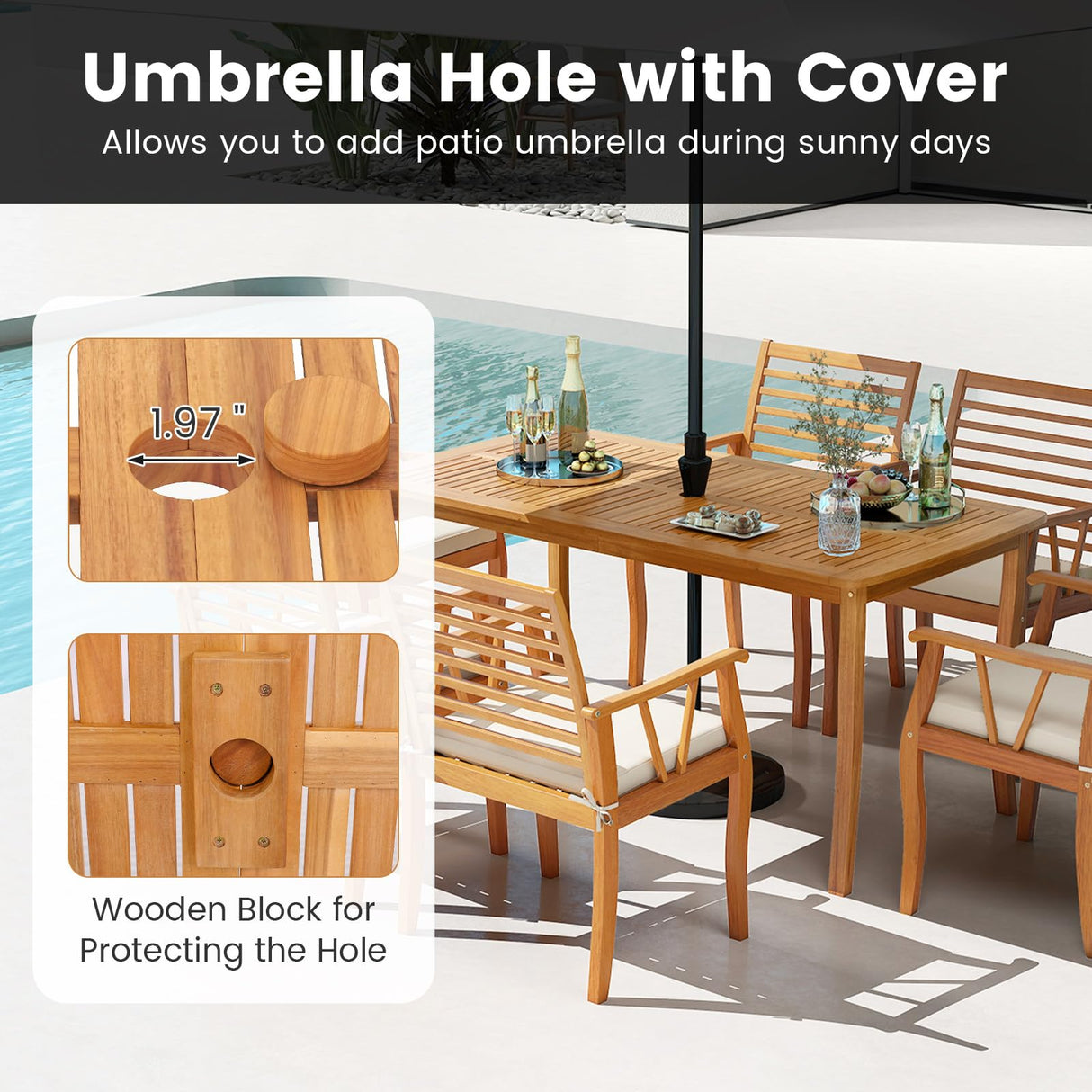 HAPPYGRILL 7 Pieces Acacia Wood Patio Dining Set with 1.97” Umbrella Hole, Outdoor Table and Chairs Set with Cushions, Outside Furniture Set for Poolside Backyard Garden Deck HAPPYGRILL
