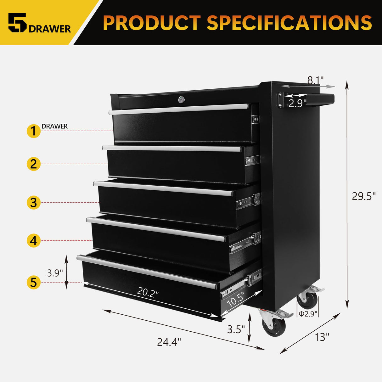 30 inch Rolling Tool Box with Drawers and Lock,Black Tool Chest On Wheels,24 Inch Wide Rolling Tool Cart with Toolbox Organization for Mechanics Garage Men BouPower