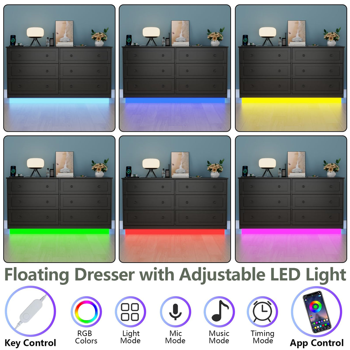 Gyfimoie 6 Drawer Dresser with Power Outlet and LED Light, Modern Floating Storage Dresser for Bedroom, Living Room Gyfimoie