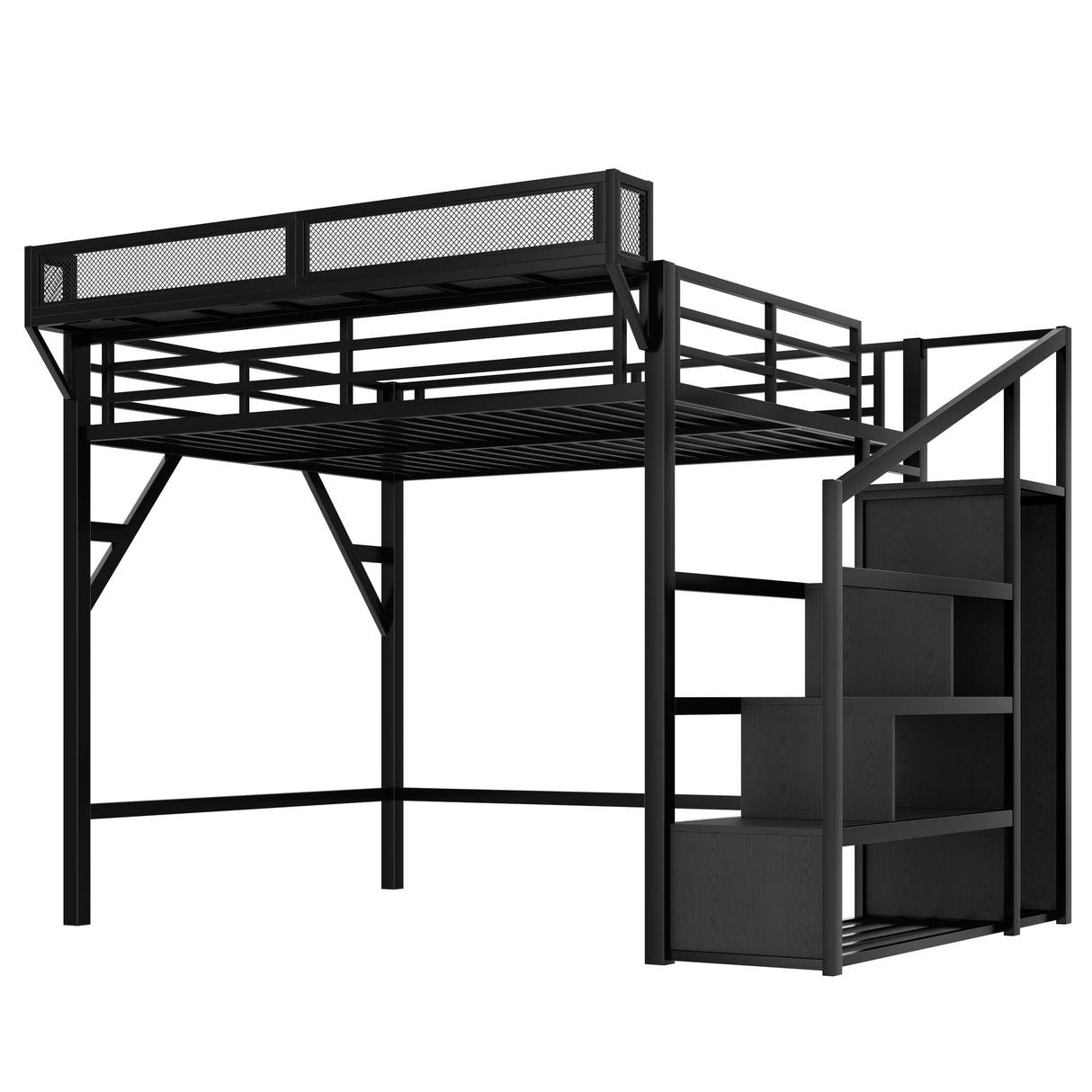 TCMILA Queen Size Loft Bed with Convertible Storage Stairs, LED, USB-Port, Heavy Duty Metal Frame with Open Wardrobe, Kids, Adults, Boys, Bedroom, No Box Spring Needed, Black TCMILA