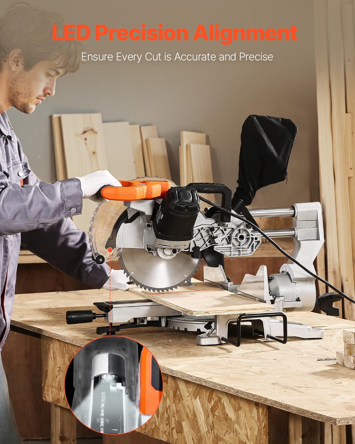 VEVOR Sliding Compound Miter Saw, 10-Inch Blade, 15 Amp Motor, 60-Tooth, Corded Double Bevel Sliding Miter Saw, LED Precision Alignment, Angle Adjustable, for Wood, Composite Decking, Laminates VEVOR