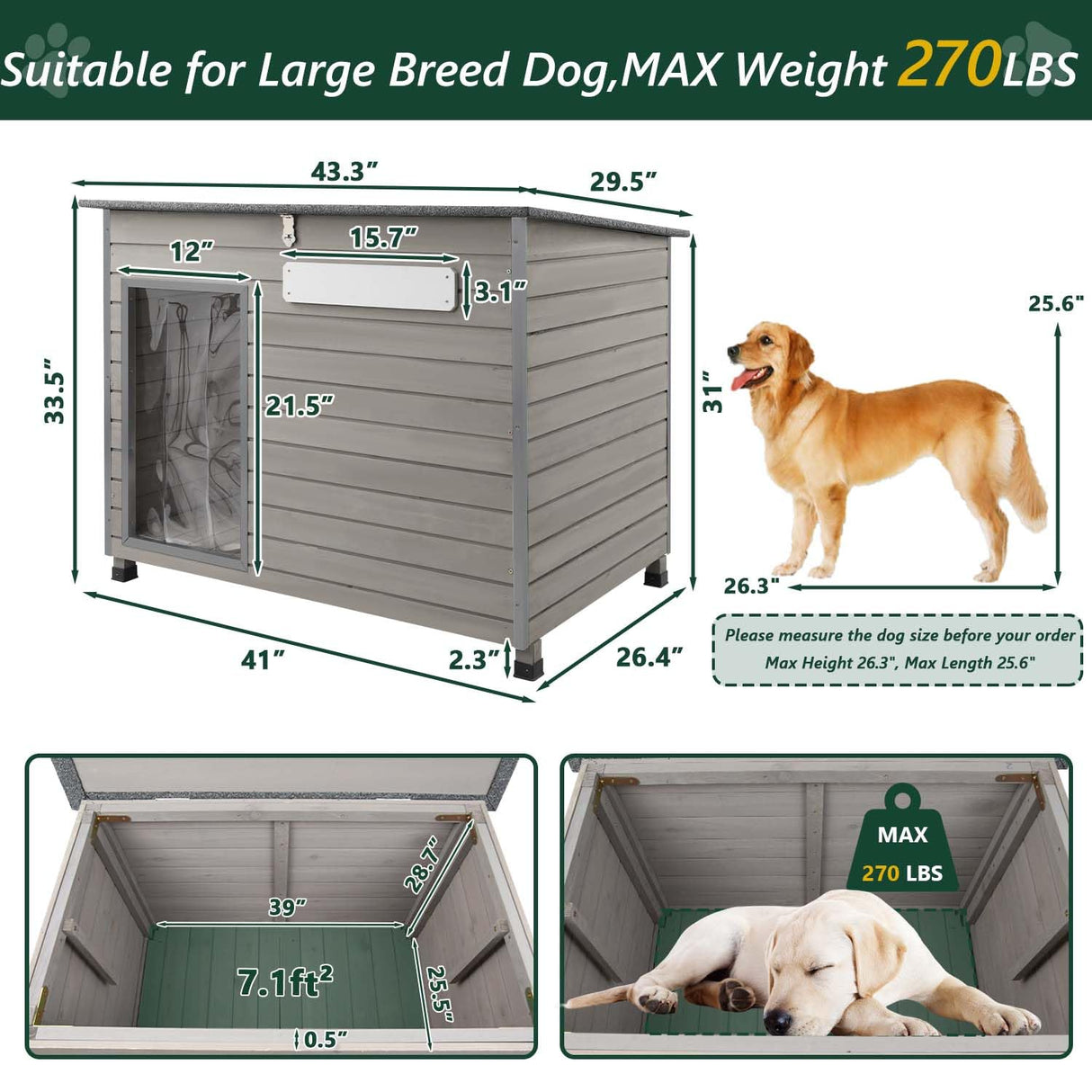 PetsCosset 43.3" L Dog House Outdoor for Large Breeds Dogs Anti Chewing Iron Frames Dog Kennel Wooden Pet Houses for Indoor Outdoor with Weatherproof Roof,6 Elevated Feet, Reinforced Bottom Support PetsCosset