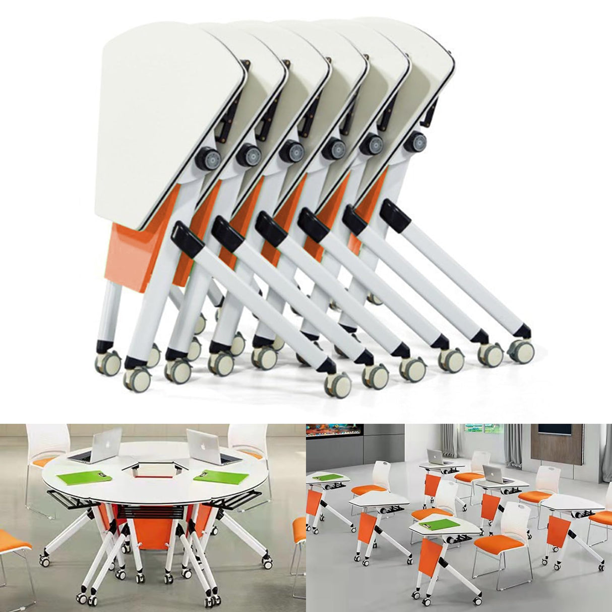 Folding Conference Table 6PCS, Modern Sector Shape Conference Room Table, Flip Top Mobile Training Table, Mobile Conference Tables with Silent Wheels, Meeting Room Table for Office Training HSHBDDM