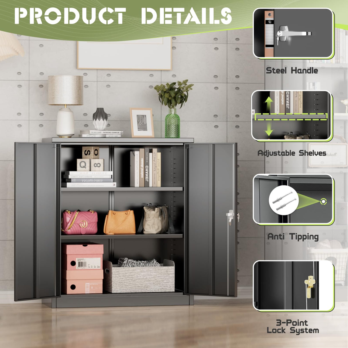 SUNCROWN Metal Storage Cabinets, 36”Locking Cabinet with Doors and Adjustable Shelves, Steel Utility Tool Garage Cabinets for Home, Office, Kitchen,Warehouse, Black SUNCROWN