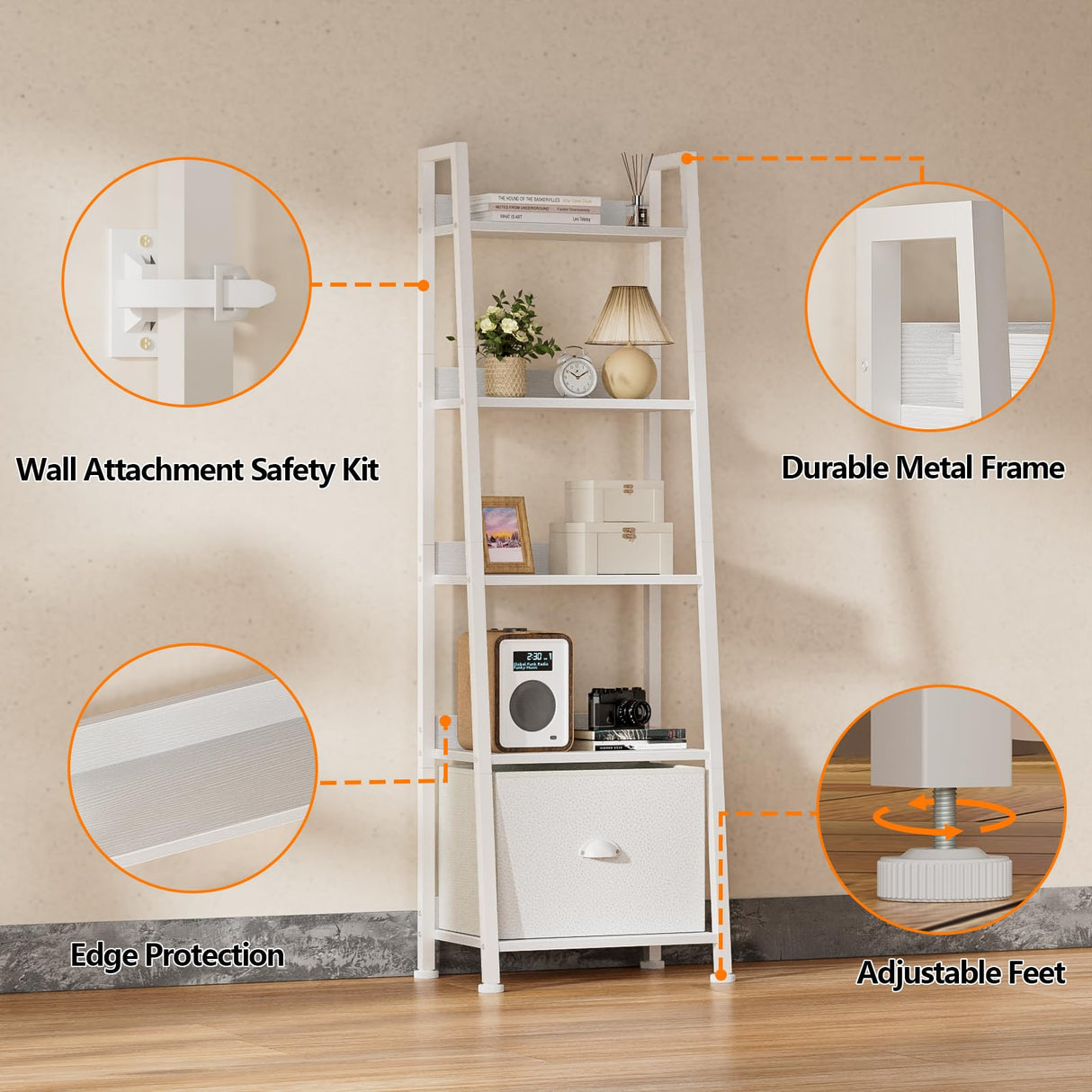 Furologee 5-Tier White Ladder Shelf, Ladder Bookshelf with Removable Drawer, Mordern Bookcase Storage Rack Organizer, Wood Metal Freestanding Storage Shelves for Living Room, Home Office, Bedroom Furologee