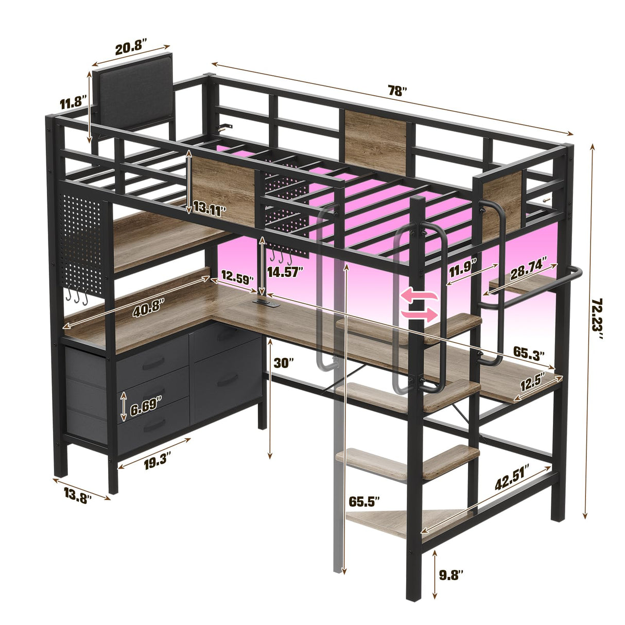 BYSAUD Loft Bed Twin Size with L Shaped Desk and Storage, Metal Bunk Loft Bed Frames with Desk Underneath and LED Lights and Charging Station 5 Drawer 2 Pegboards Clothes Rack, Noise Free, Gray BYSAUD